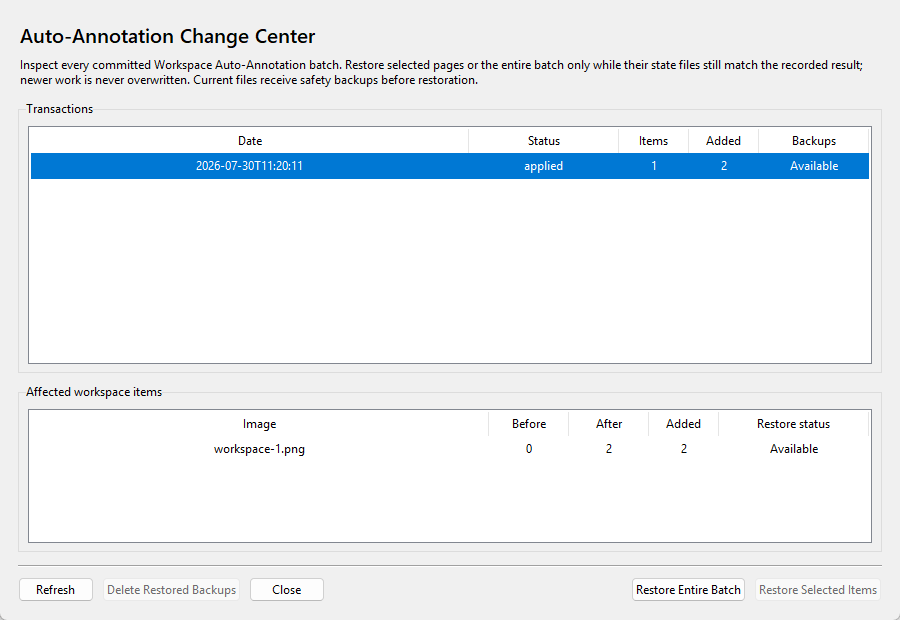 Auto-Annotation Change Center with rollback history