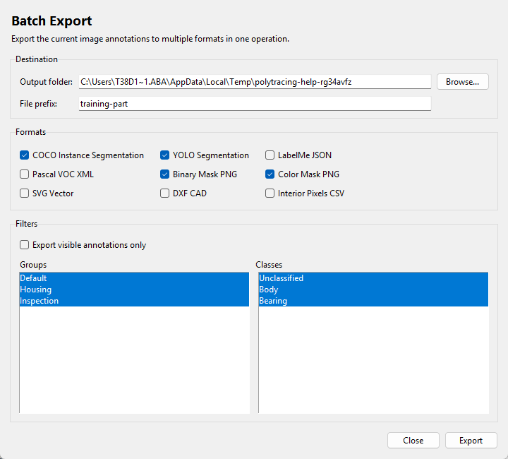 Batch export interface